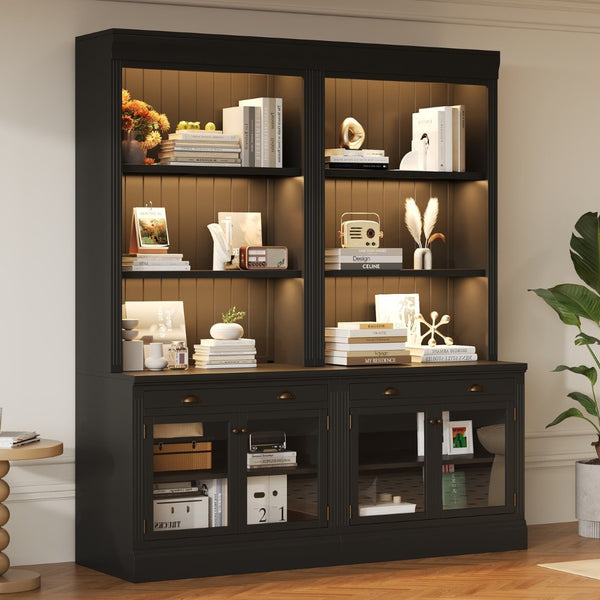 English Elm 83.4"tall Two-piece Bookcase Suite with Led Shelves Tempered Glass Doors Matte Black N751S059521B