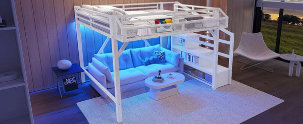English Elm Full Xl Over Twin Triple Metal Bunk Bed with Storage Stairs and Shelves Black W1580S00414
