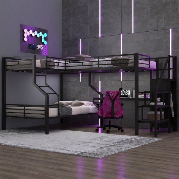 English Elm Twin Over Full L-shaped Bunk Bed with Wardrobe Desk and Usb Charging Ports N7500004100B