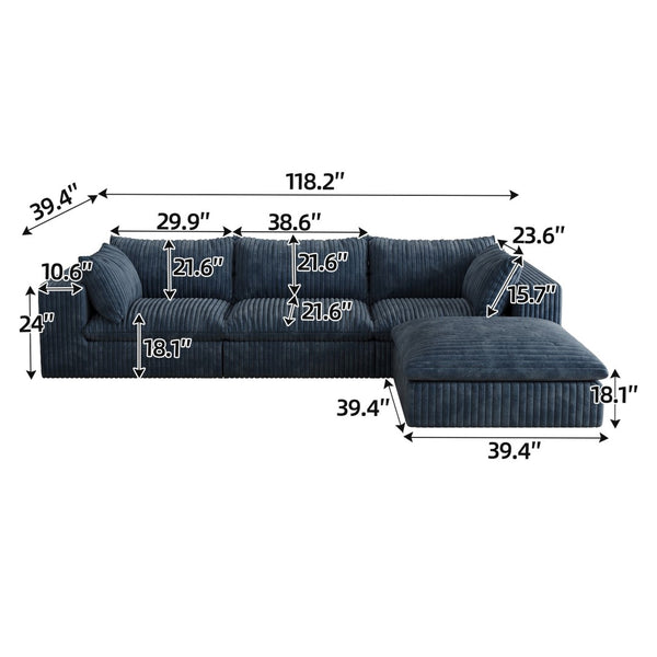 English Elm 118.2" Modular Cloud Sofa Corduroy Upholstered Deep Seat Lounge for Living Room Blue W2824S00153