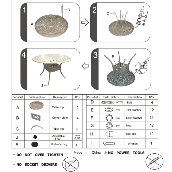 English Elm Outdoor Patio Aluminum 48" Round Dining Table Gunmetal — French Quarter Design, 4-Seat, Umbrella Hole B01051506