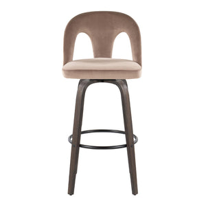 English Elm Fixed-height Swivel Barstools Walnut Bentwood Taupe Velvet Seat Mid-century Set of 2 B202S01887