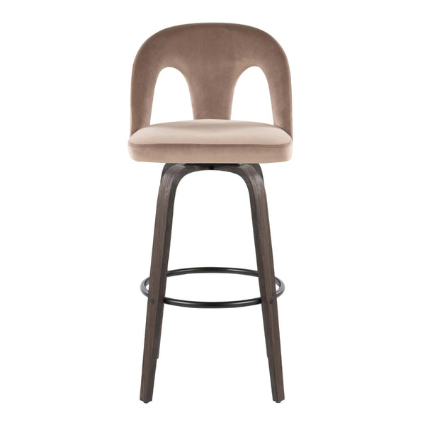 English Elm Fixed-height Swivel Barstools Walnut Bentwood Taupe Velvet Seat Mid-century Set of 2 B202S01887