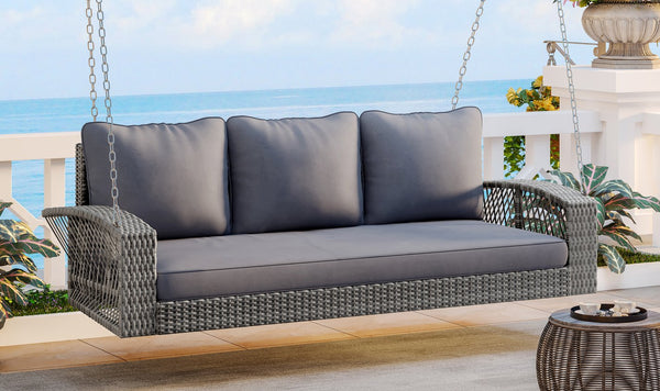 English Elm GO 69" PE Wicker 3-Person Porch Swing with 800lb Capacity, Cushioned Patio Bench for Backyard Relaxation Gray N704P250643E