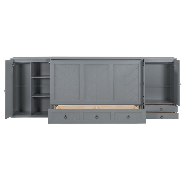 English Elm Queen Murphy Bed with Wardrobe Cabinets Built-in Usb Charging and Concealed Drawers Gray LP000590AAE