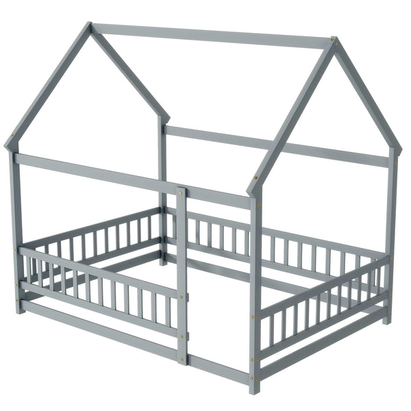 English Elm Full Size House Bed Frame With Roof, Safety Guardrails, Grey Finish - Perfect For Kids' Room Fun! W504P286407
