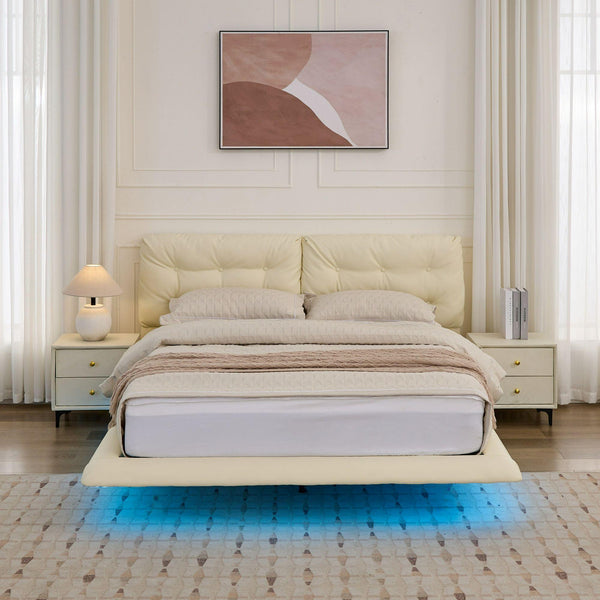 English Elm Christopher Knight Home® - Queen Plush Leather Upholstered Bed Frame with Wingback Headboard, Wavy Footboard, Quiet Support White 37.59 L x 32.25 W x 13 H N761S0000022W