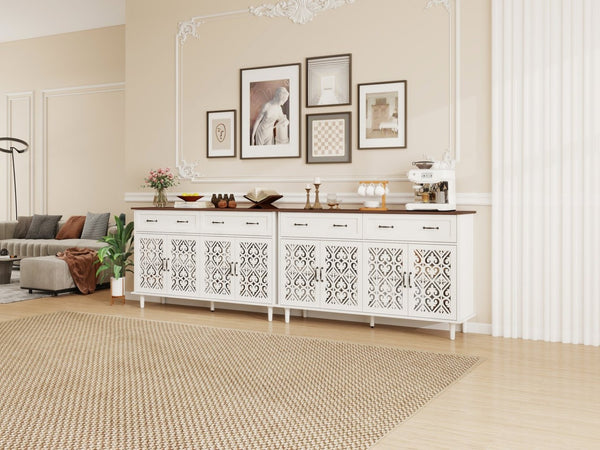 English Elm Vintage Farmhouse Sideboard with Hand-carved Doors Two-tone Distressed Wood Finish W688P360028