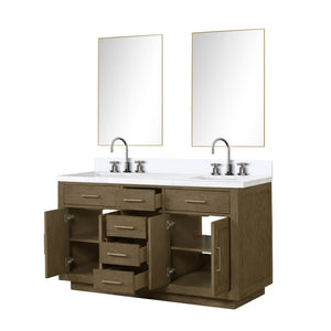 English Elm Grey Oak Double Bath Vanity 60 in. W x 22 in. D with White Quartz Top, Chrome Faucets & Dual Mirrors B2731S01797