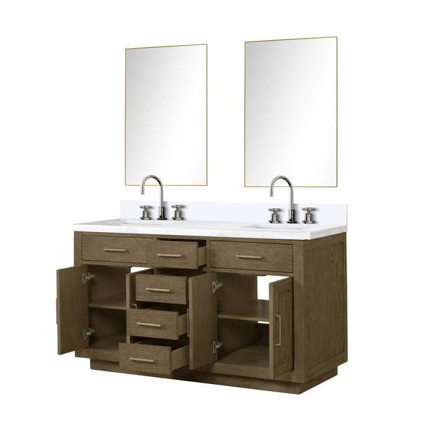 English Elm Grey Oak Double Bath Vanity 60 in. W x 22 in. D with White Quartz Top, Chrome Faucets & Dual Mirrors B2731S01797