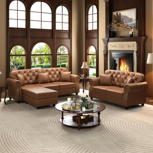 English Elm Upholstered Faux Leather Chesterfield Sofa with Button Tufting Nailhead Trim and Pillows Brown W1885S00437