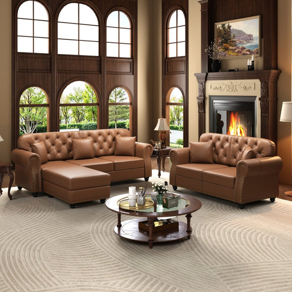 English Elm Upholstered Faux Leather Chesterfield Sofa with Button Tufting Nailhead Trim and Pillows Brown W1885S00437