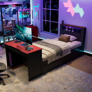English Elm Twin Wood Gaming Daybed with Trundle Built-in Desk Rgb Lighting and Usb Port Black+Red LT000283AAR