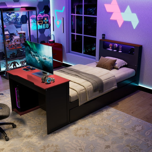 English Elm Twin Wood Gaming Daybed with Trundle Built-in Desk Rgb Lighting and Usb Port Black+Red LT000283AAR