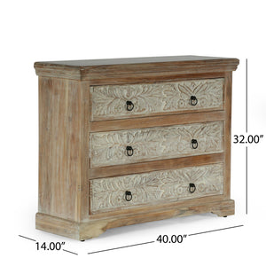 English Elm Christopher Knight Home® - Acacia Handcrafted 3-Drawer Dresser 40" Wide Whitewash & Natural Boho Accent Cabinet with Rings 71756.00