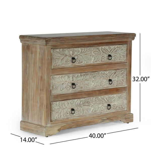 English Elm Christopher Knight Home® - Acacia Handcrafted 3-Drawer Dresser 40" Wide Whitewash & Natural Boho Accent Cabinet with Rings 71756.00