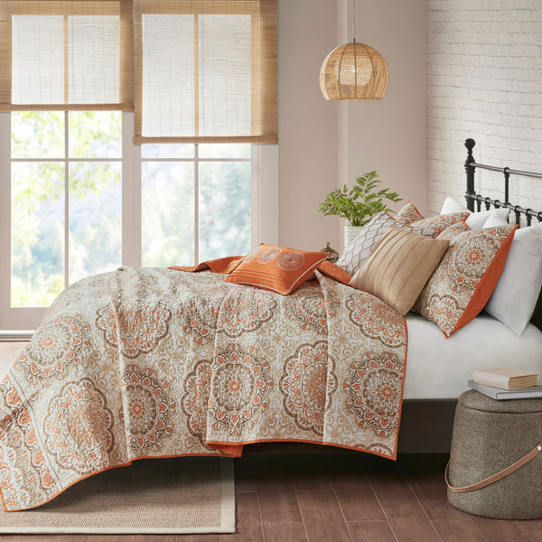 English Elm 6 Piece Reversible Quilt Set with Paisley Motif and Neutral Reverse, Embroidered Throw Pillows Included Orange 23.23 L x 18.11 W x 10.63 H B03597402