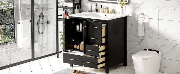 English Elm 30'' Elegant Freestanding Bathroom Vanity With Ceramic Sink, Soft-Close Drawers & Timeless Black Finish N710P194420B