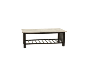 English Elm Contemporary 3pc Occasional Table Set Faux Marble Top Antique Walnut Finish Open Shelf Modern Design B011S01995
