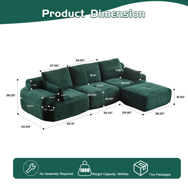 English Elm Modern Memory Foam Compressed Sofa — Pet-Friendly Corduroy Modular Sectional, Cloud-Like Comfort, No Assembly Green W3723S00012