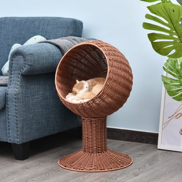 English Elm Pawhut Elevated Cat Bed With Rotatable Pod, Cozy Rattan Basket, Plush Cushion For Stylish Naptime Retreat W2225P217307-GIGA