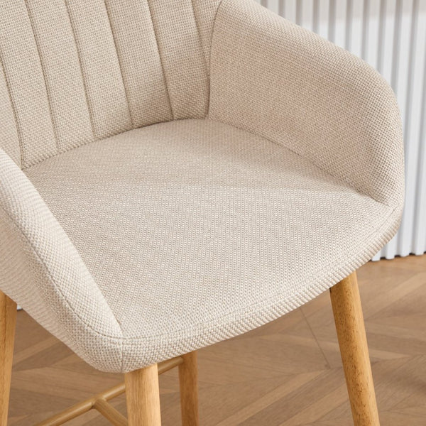 English Elm Modern Linen Upholstered Barstools with Oak Legs Armrests and Footrest for Kitchen Islands Beige W395P396313