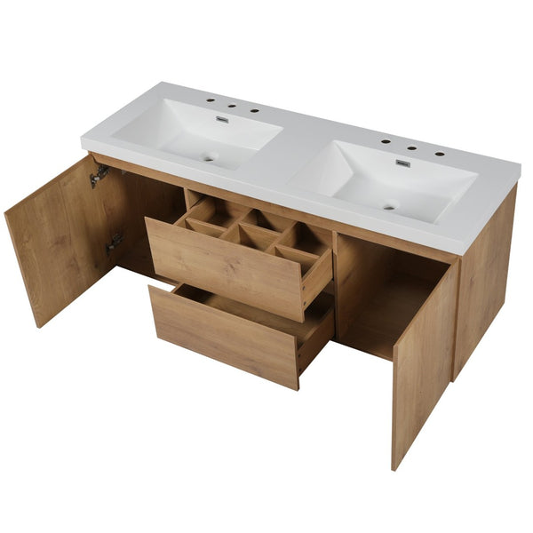 English Elm [video]59.3 Inch Wall Mounted Double Sink Vanity Wood Grain Mdf Soft Close Storage N729P000026N