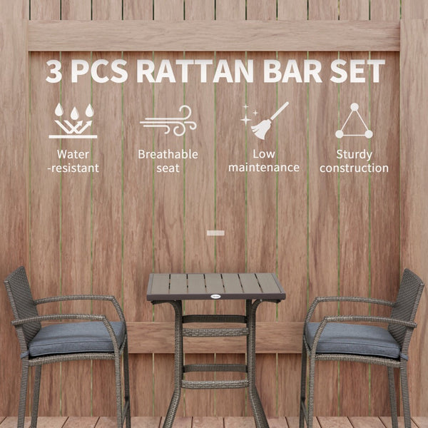 English Elm Outsunny 3-Piece Rattan Wicker Bar Set With Cushioned Stools And Wood Grain Table For Outdoor Fun W2225P217542-GIGA