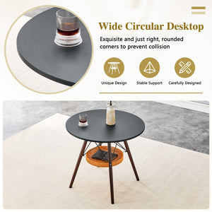 English Elm 31.5-inch Round Dining Table Solid Legs Woven Basket Storage Compact Modern Minimalist Walnut+Black W1151P431130