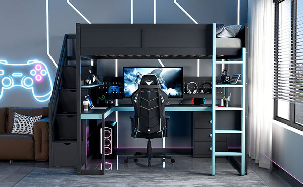 English Elm Full Size Gaming Loft Bed with Led Lighting Desk Shelves and Usb Charging Ports N820S00071C