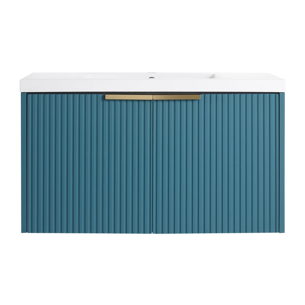 English Elm 36" Floating Bathroom Vanity with Resin Sink, Wavy Doors, Soft-Close Hinges & Durable Plywood Finish Lake Blue W999P251809