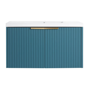 English Elm 36" Floating Bathroom Vanity with Resin Sink, Wavy Doors, Soft-Close Hinges & Durable Plywood Finish Lake Blue W999P251809