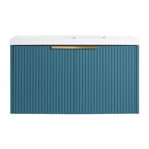 English Elm 36" Floating Bathroom Vanity with Resin Sink, Wavy Doors, Soft-Close Hinges & Durable Plywood Finish Lake Blue W999P251809
