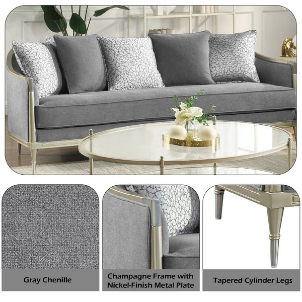English Elm Fernando Chenille Sofa with Champagne Legs Pocket Coil Cushions and Five Throw Pillows B2726P433395