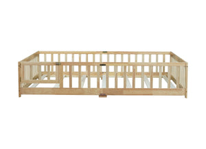 English Elm Queen Rubberwood Floor Bed with Perimeter Fence and Latch Door for Toddler Safety W504P370525