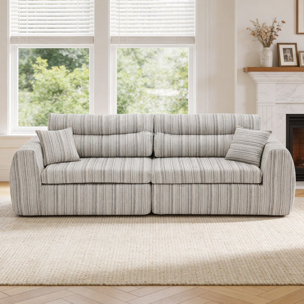 English Elm Chenille Stripe Velvet Sofa Three Seat Minimalist Upholstered Couch for Living Room Soft White,Taupe W5532S00014