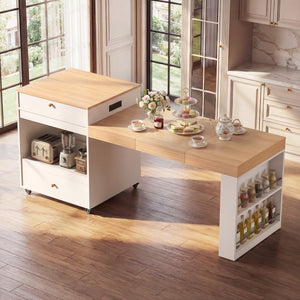 English Elm 78.8'' Fluted Rolling Kitchen Island with Extendable Dining Surface Built-in Power Mdf White B2764S00001