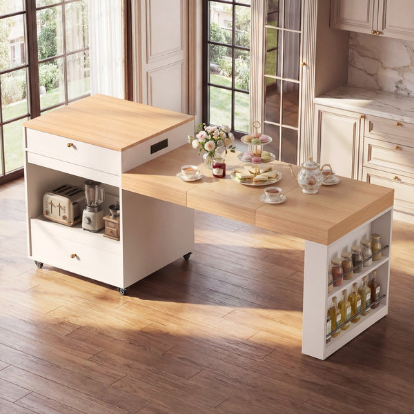 English Elm 78.8'' Fluted Rolling Kitchen Island with Extendable Dining Surface Built-in Power Mdf White B2764S00001