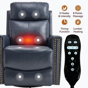 English Elm Blue Genuine Leather Rocker Swivel Recliner with Massage Heat for Living Room W1803P323714