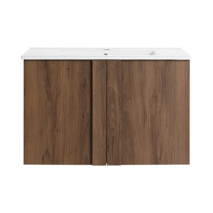 English Elm 30" Floating Bathroom Vanity Dark Oak Cabinet Ceramic Sink Open Shelf Soft Close Brown Ebony,Glossy White W3450P435839