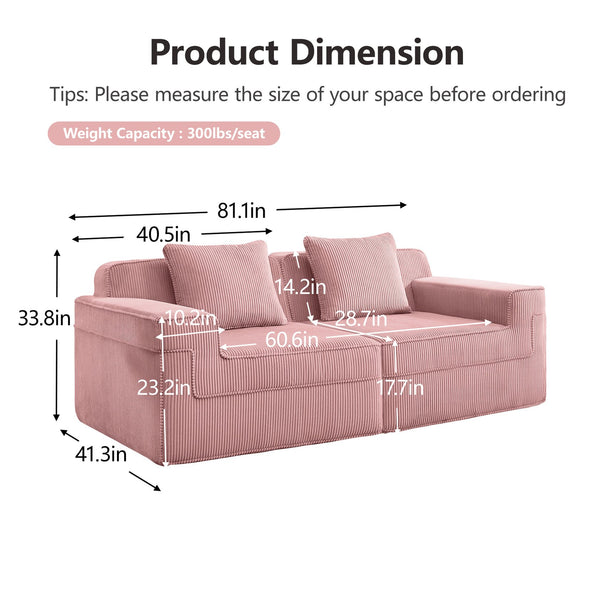English Elm Modular Boneless 2-Seat Loveseat Sofa with Plush Corduroy, Deep Cloud Comfort and Removable Pillows Pink W3041P353184