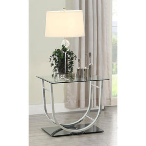 English Elm Amelia Chrome U-Shaped Glass Top End Table — Reflective Metal Frame, Spacious Modern Square Desk Surface B062P328652