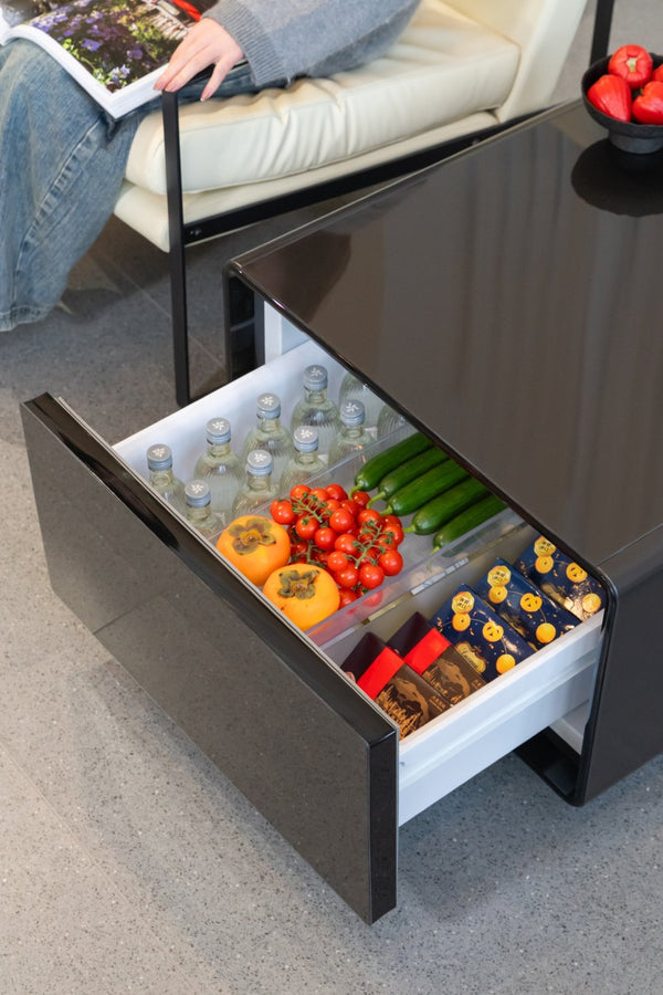 English Elm Modern Coffee Table with Built in Mini Fridge Power Outlets and Beverage Storage Black W1172P483596