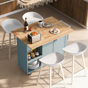 English Elm K&K Kitchen Island with Foldable Countertop, Spacious Mobile Storage Cart, Soft-Close Doors, Durable Rubberwood Top and Locking Wheels Grey-Blue N707P173036G