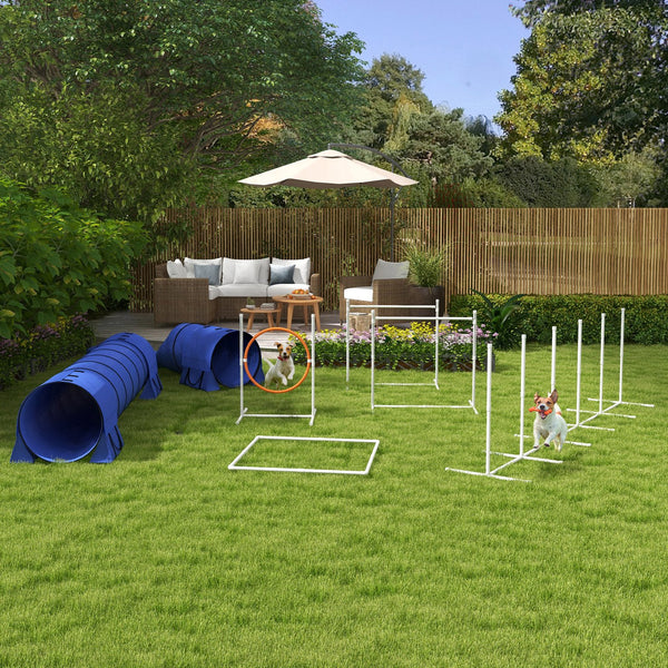 English Elm PawHut 7-Piece Dog Agility Starter Kit with Tunnels, Adjustable Hurdles & Ring, Whistle, Bag W2225P217634
