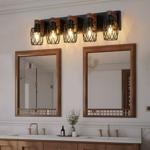 English Elm 31" Industrial Vintage 5-Light Wall Sconce Black Cage with Walnut Wood Accents for Bathroom Hallway W2312P374839