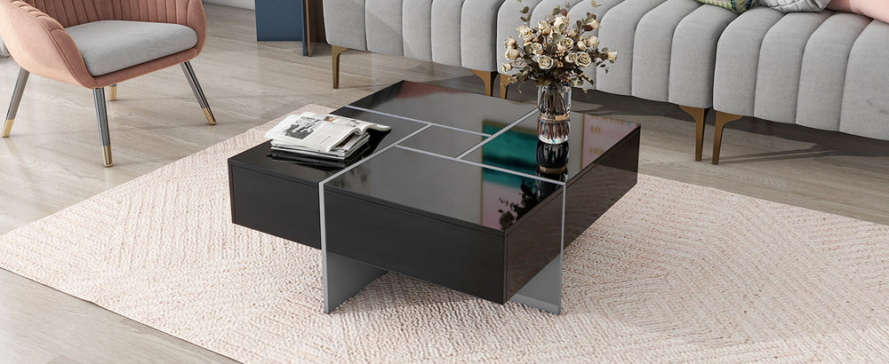 English Elm ON-TREND Extendable Square Coffee Table with Four Hidden Storage Compartments and UV Gloss Finish Black WF305182AAB