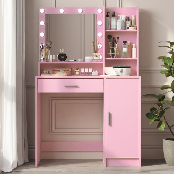 English Elm Vanity Desk With Adjustable Led Mirror, Large Storage, Elegant Pink Dressing Table For Glamourous Makeovers W2386P233036-GIGA