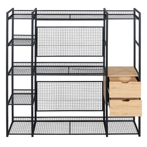 English Elm Open-Style Wardrobe Storage System with Heavy-Duty Metal Frame, Rails, Shelves & Drawers - Sleek Durable Design for Organized Living Black SF000087AAB