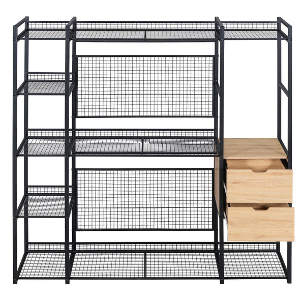English Elm Open-Style Wardrobe Storage System with Heavy-Duty Metal Frame, Rails, Shelves & Drawers - Sleek Durable Design for Organized Living Black SF000087AAB